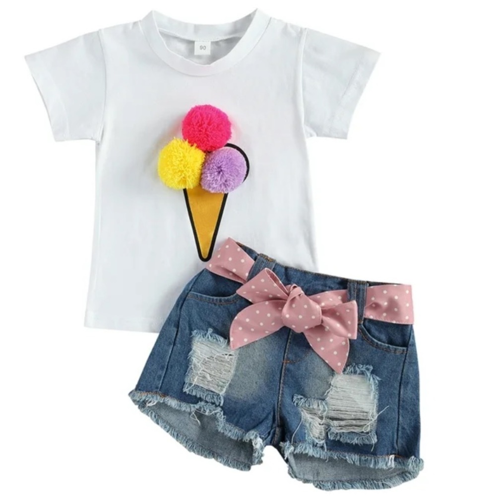 Toddler Girl Baby Infant White Ice Cream Pom Pom Denim Shorts Distressed Set 2-3
